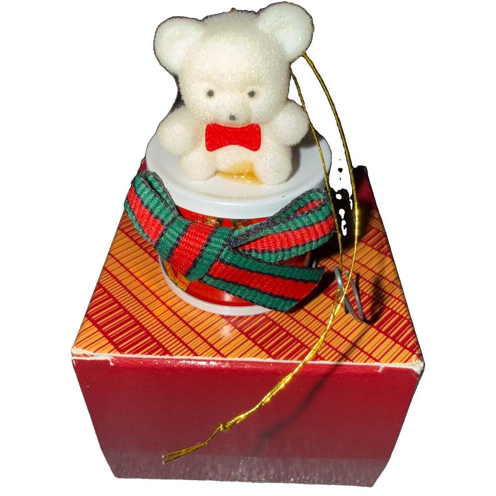 Avon Teddy Bear Ornament Collection Teddy on a Drum Vintage Christmas Ornament